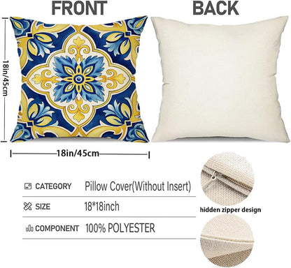 Mediterranean Decorative Throw Pillow Covers 18x18 inch, Set of 4, Blue Yellow Floral and Lemon Patterns, 100% Polyester with Hidden Zipper