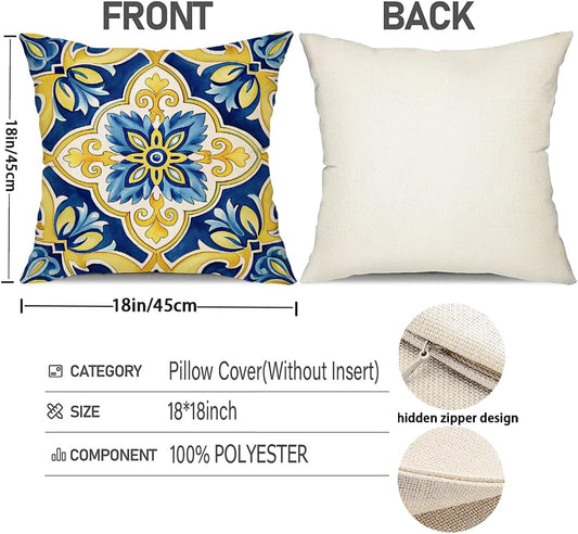 Mediterranean Decorative Throw Pillow Covers 18x18 inch, Set of 4, Blue Yellow Floral and Lemon Patterns, 100% Polyester with Hidden Zipper