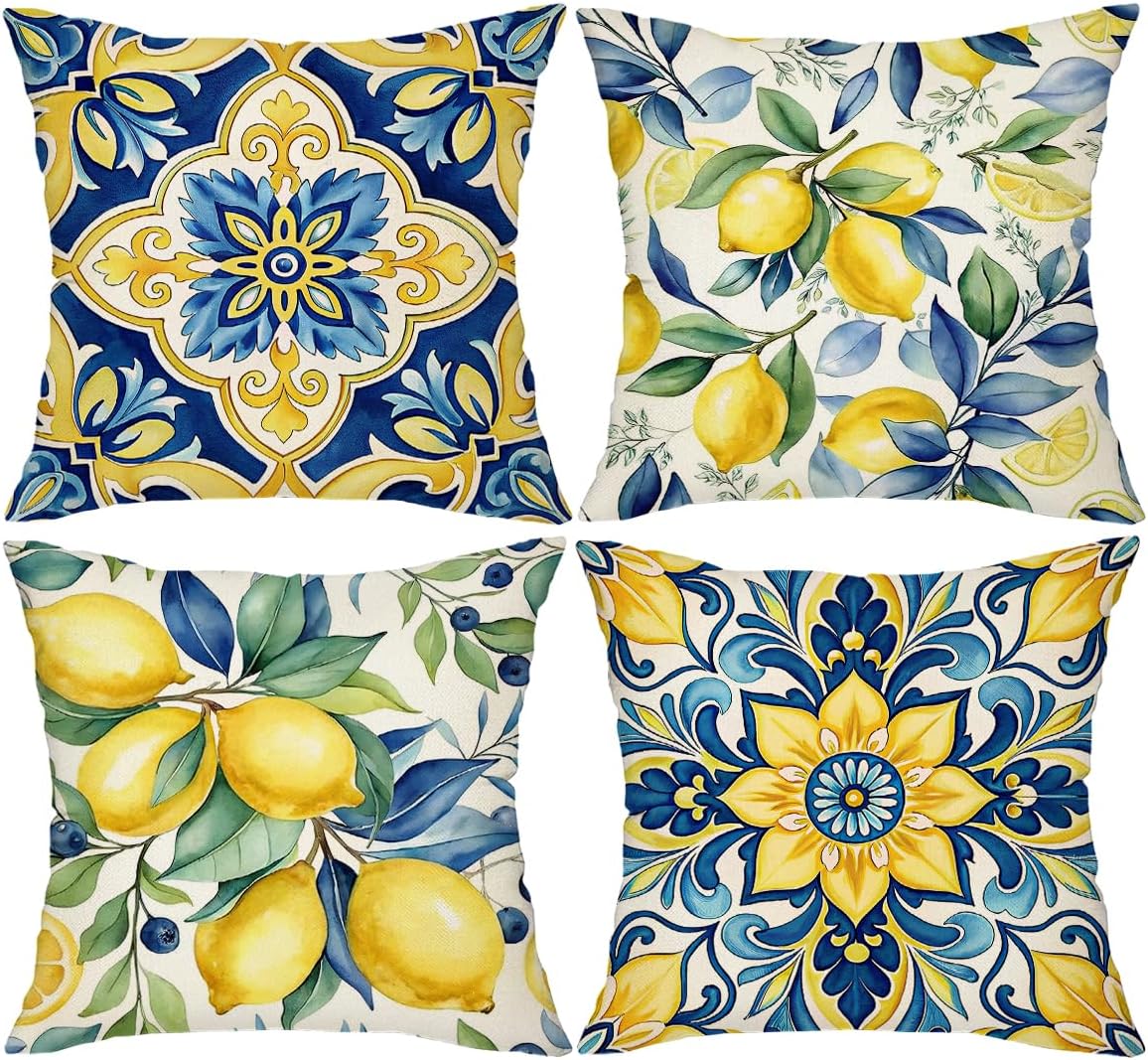 Mediterranean Decorative Throw Pillow Covers 18x18 inch, Set of 4, Blue Yellow Floral and Lemon Patterns, 100% Polyester with Hidden Zipper
