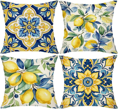 Mediterranean Decorative Throw Pillow Covers 18x18 inch, Set of 4, Blue Yellow Floral and Lemon Patterns, 100% Polyester with Hidden Zipper