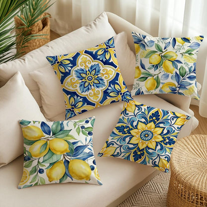 Mediterranean Decorative Throw Pillow Covers 18x18 inch, Set of 4, Blue Yellow Floral and Lemon Patterns, 100% Polyester with Hidden Zipper