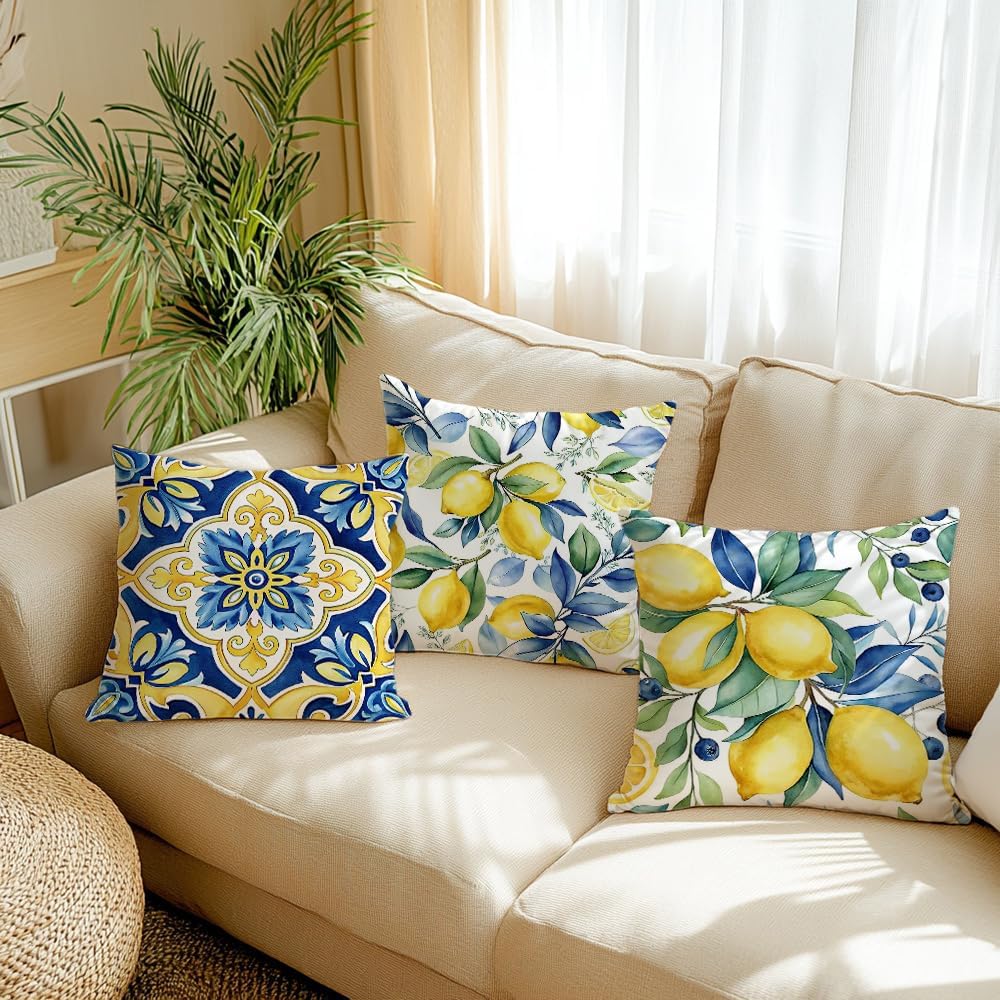 Mediterranean Decorative Throw Pillow Covers 18x18 inch, Set of 4, Blue Yellow Floral and Lemon Patterns, 100% Polyester with Hidden Zipper