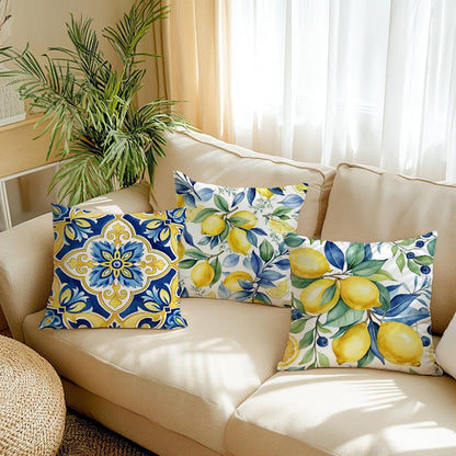 Mediterranean Decorative Throw Pillow Covers 18x18 inch, Set of 4, Blue Yellow Floral and Lemon Patterns, 100% Polyester with Hidden Zipper