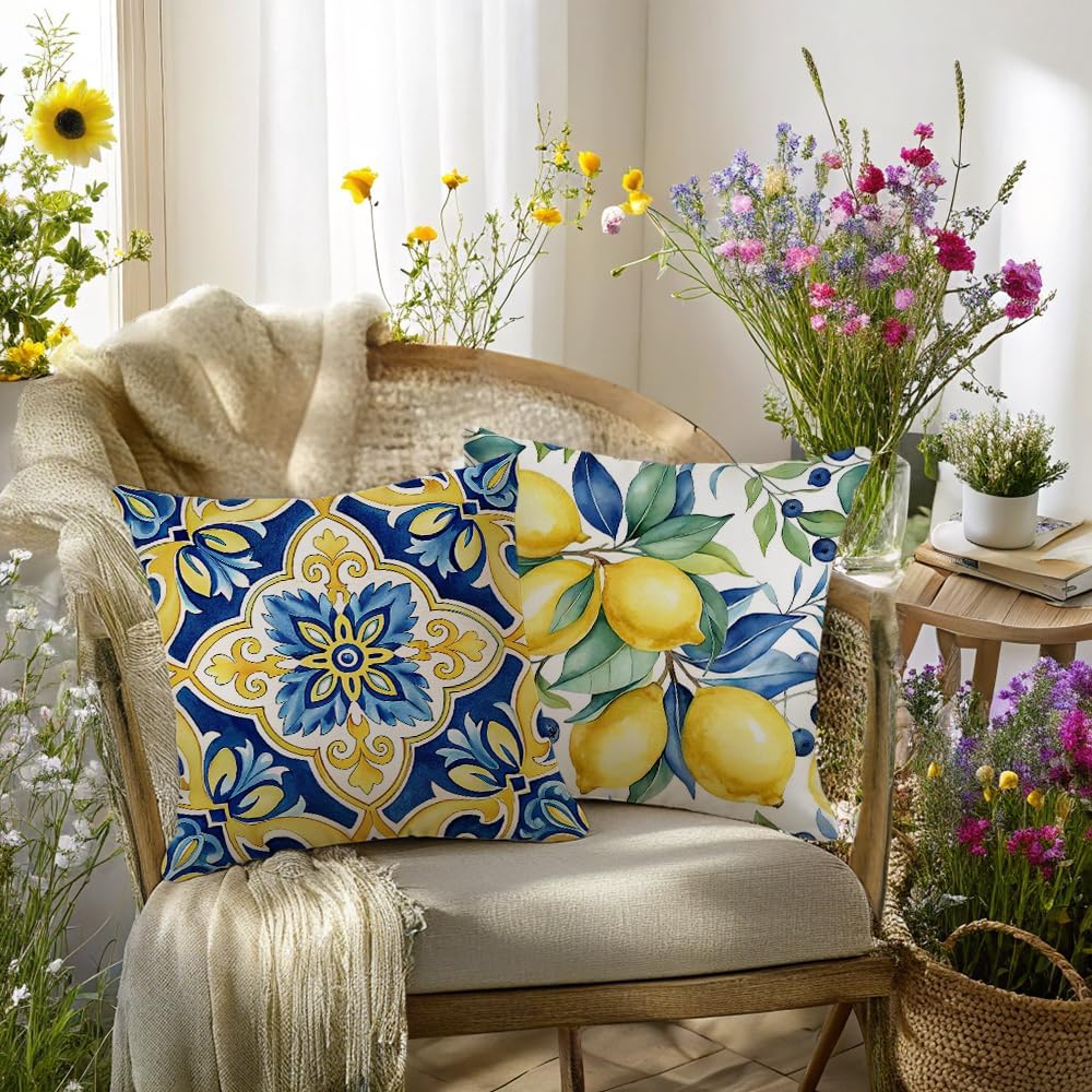 Mediterranean Decorative Throw Pillow Covers 18x18 inch, Set of 4, Blue Yellow Floral and Lemon Patterns, 100% Polyester with Hidden Zipper