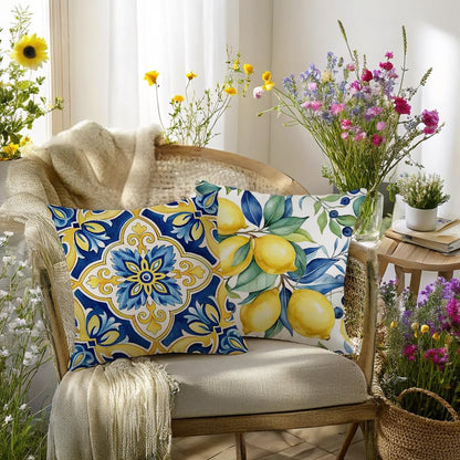 Mediterranean Decorative Throw Pillow Covers 18x18 inch, Set of 4, Blue Yellow Floral and Lemon Patterns, 100% Polyester with Hidden Zipper
