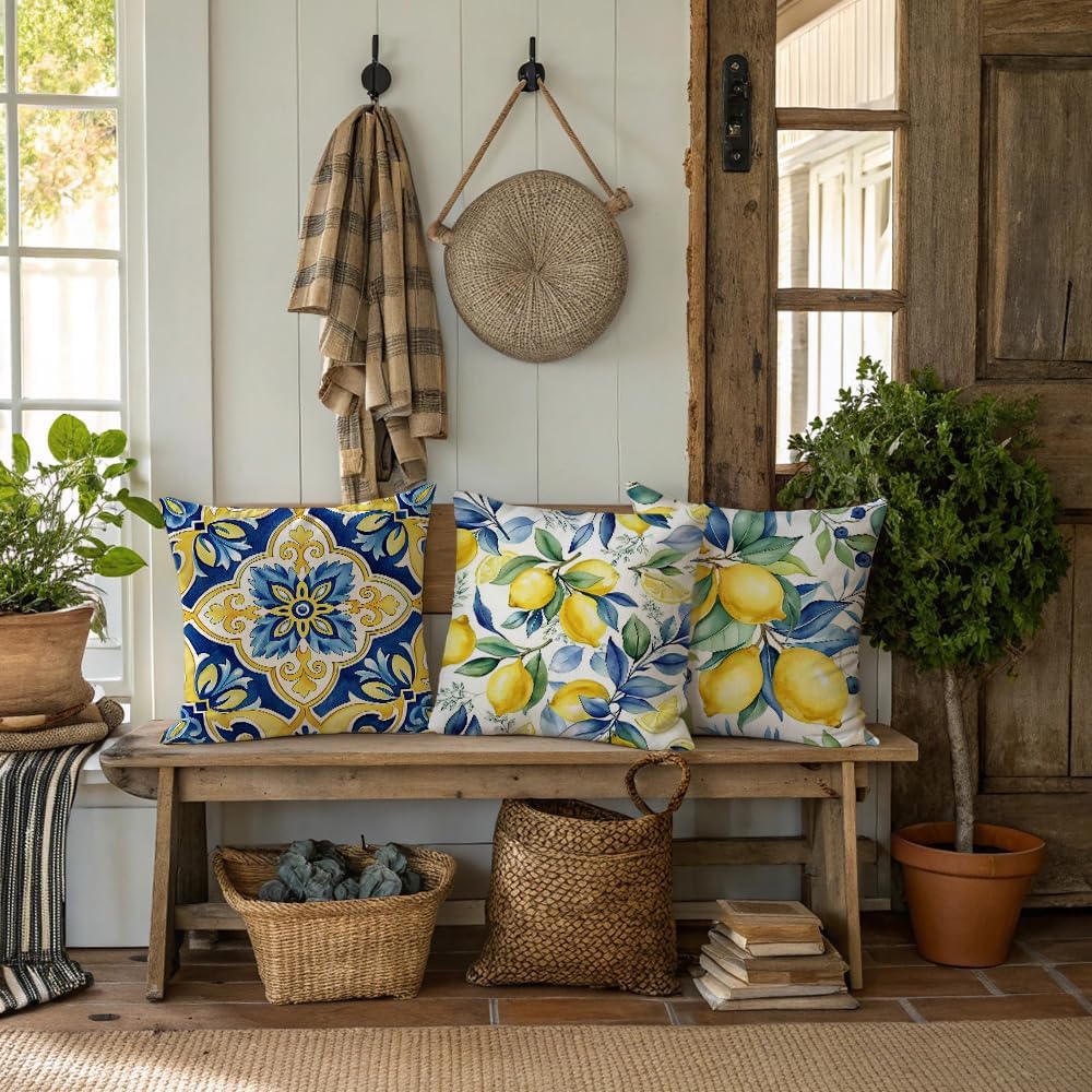 Mediterranean Decorative Throw Pillow Covers 18x18 inch, Set of 4, Blue Yellow Floral and Lemon Patterns, 100% Polyester with Hidden Zipper