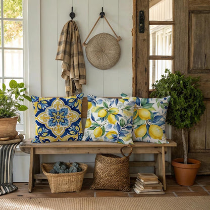 Mediterranean Decorative Throw Pillow Covers 18x18 inch, Set of 4, Blue Yellow Floral and Lemon Patterns, 100% Polyester with Hidden Zipper
