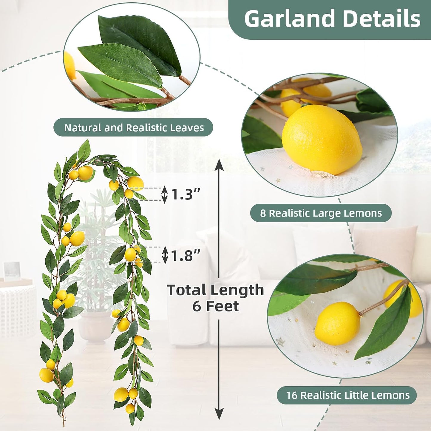 2PCS Artificial Lemons Christmas Garland, 12Ft Realistic Fake Lemons Wreath | Fade-resistant Low-maintenance Moldable Reusable Vibrant Faux Lemons Vine for Home, Garden, Wedding, Party & Christmas Decor