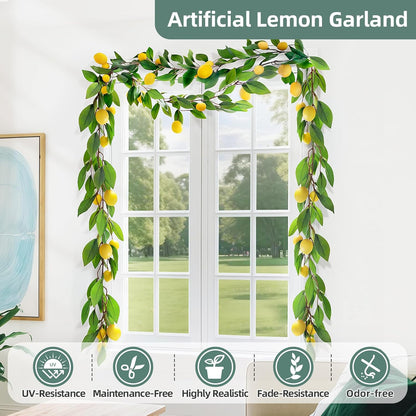 2PCS Artificial Lemons Christmas Garland, 12Ft Realistic Fake Lemons Wreath | Fade-resistant Low-maintenance Moldable Reusable Vibrant Faux Lemons Vine for Home, Garden, Wedding, Party & Christmas Decor