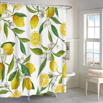 72x72 Inch Lemon Shower Curtain Allover Fruits Lemon Cute Green Leaves Flowers Plant Shower Curtain for Bathroom Set with Hooks, Waterproof Polyester Fabric Kids Adults Bathroom Decor