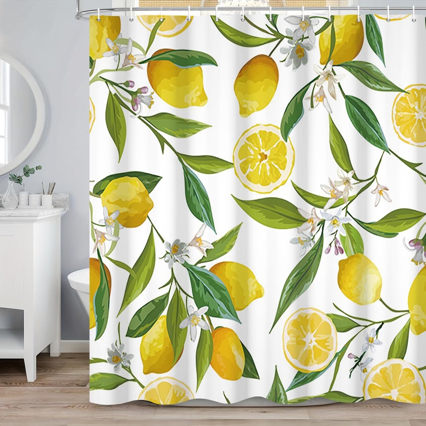 72x72 Inch Lemon Shower Curtain Allover Fruits Lemon Cute Green Leaves Flowers Plant Shower Curtain for Bathroom Set with Hooks, Waterproof Polyester Fabric Kids Adults Bathroom Decor