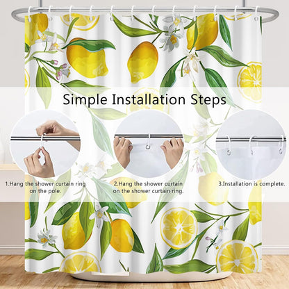 72x72 Inch Lemon Shower Curtain Allover Fruits Lemon Cute Green Leaves Flowers Plant Shower Curtain for Bathroom Set with Hooks, Waterproof Polyester Fabric Kids Adults Bathroom Decor