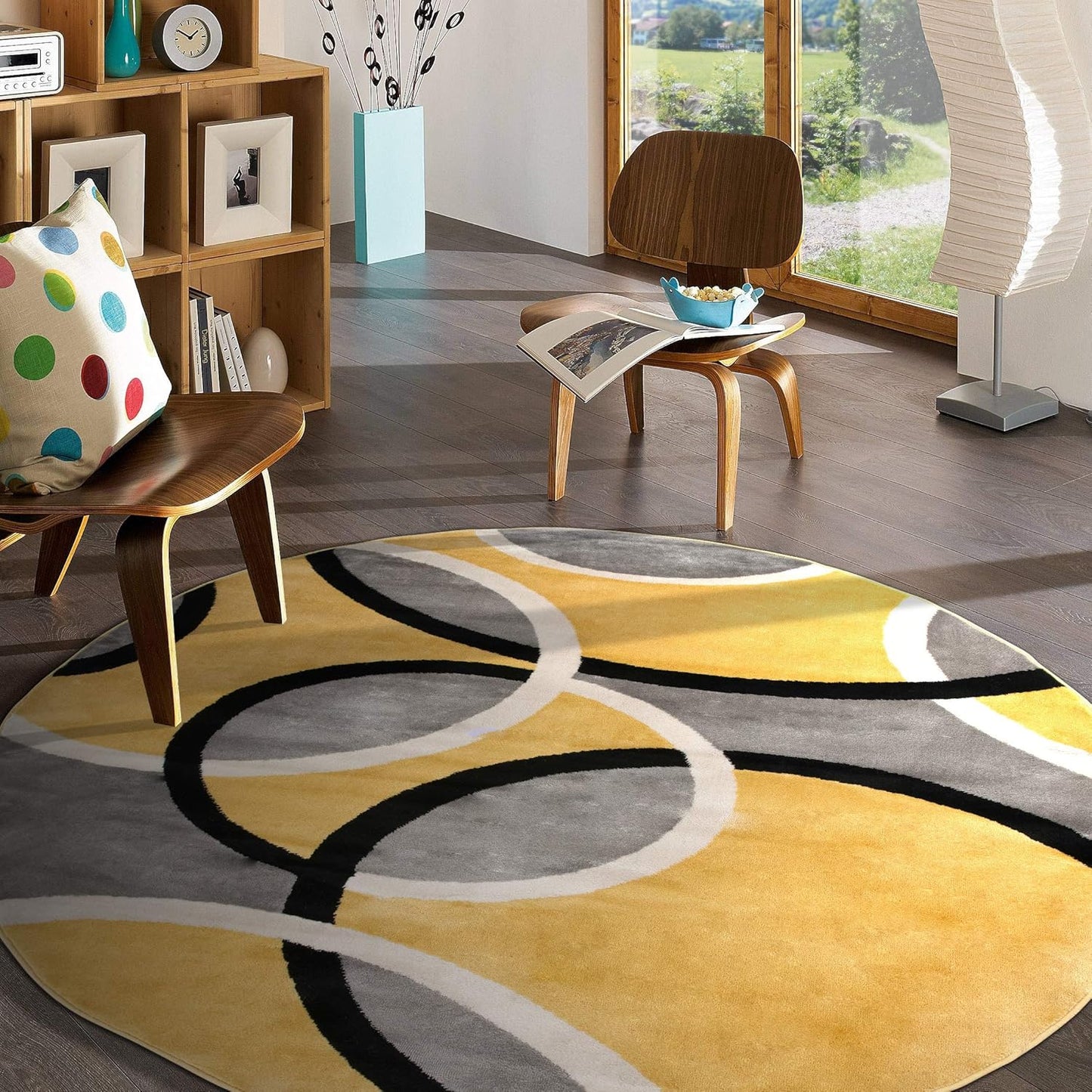 Contemporary Abstract Circles Round Rug, Carpet with Jute Backing for Dining Room, Living Room, or Breakfast Nook, Yellow, 6'6" Round