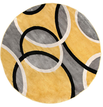 Contemporary Abstract Circles Round Rug, Carpet with Jute Backing for Dining Room, Living Room, or Breakfast Nook, Yellow, 6'6" Round