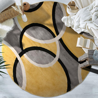Contemporary Abstract Circles Round Rug, Carpet with Jute Backing for Dining Room, Living Room, or Breakfast Nook, Yellow, 6'6" Round