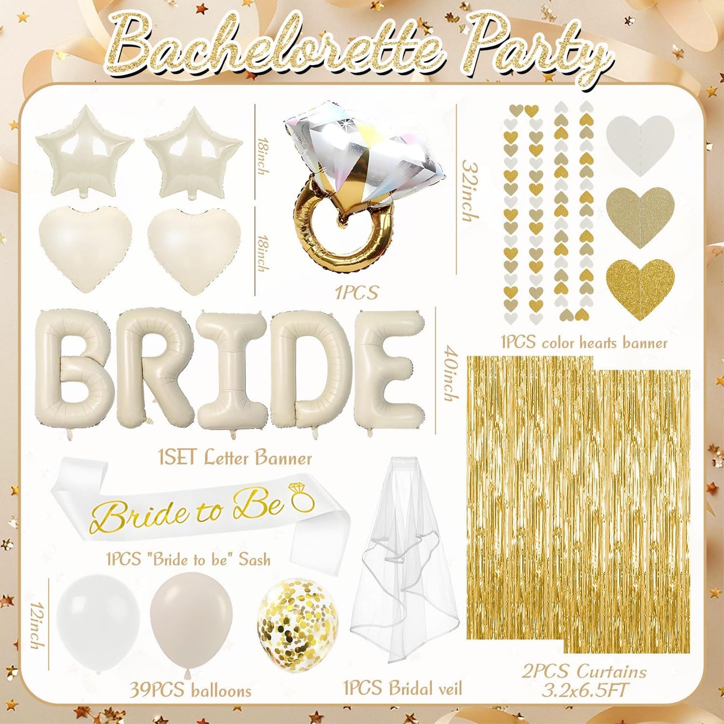 Bridal Shower Decorations Champagne Gold Bachelorette Party Decorations | Bride to Be Balloons Sash Veil and Foil Curtains for Engagement Wedding Party Supplies
