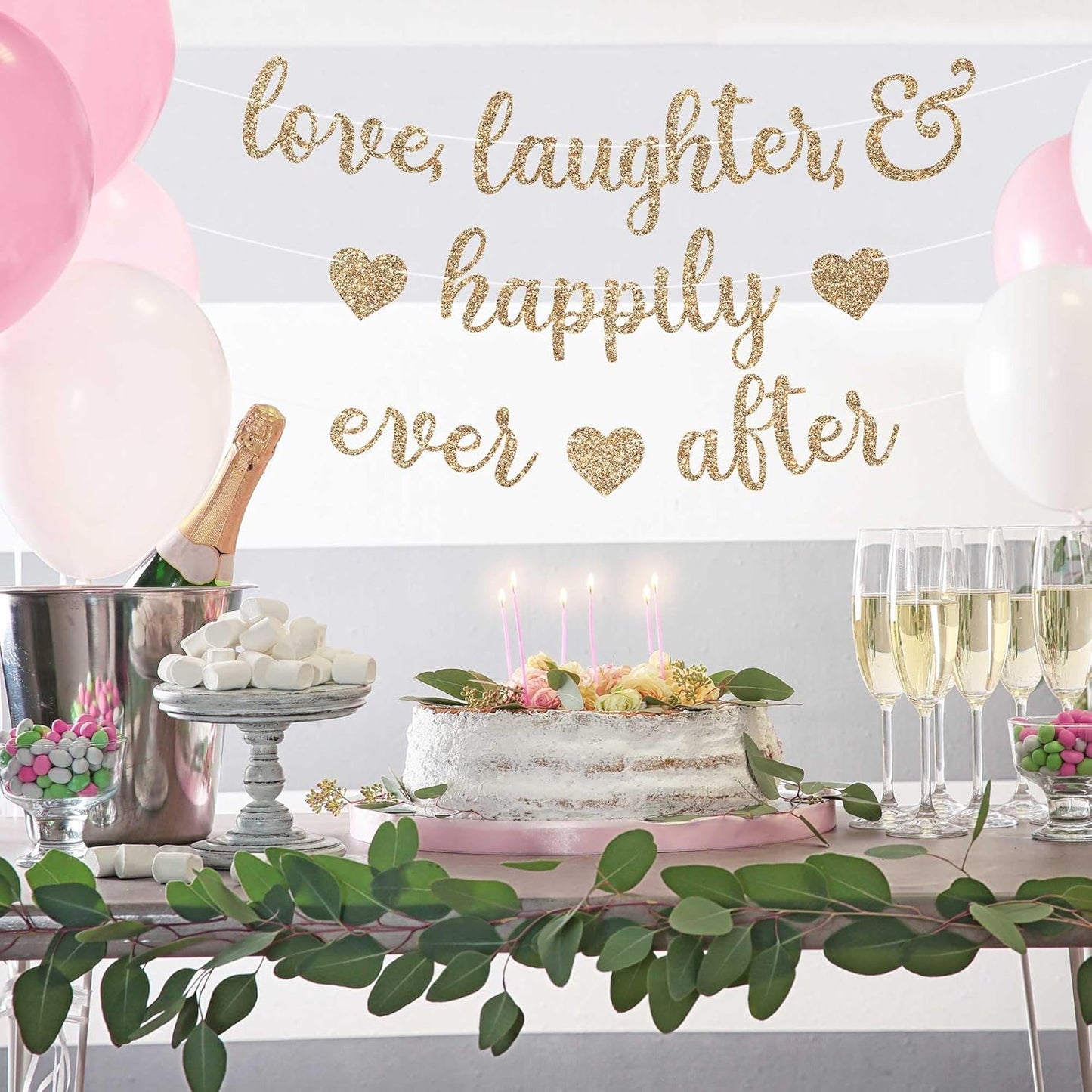 Pre-Strung Love Laughter & Happily Ever After Banner - Gold Bridal Banner | No DIY - Pre-Strung on 8 ft Strands - Gold Glitter Wedding, Bachelorette, or Bridal Party Decorations & Decor