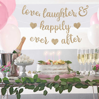 Pre-Strung Love Laughter & Happily Ever After Banner - Gold Bridal Banner | No DIY - Pre-Strung on 8 ft Strands - Gold Glitter Wedding, Bachelorette, or Bridal Party Decorations & Decor