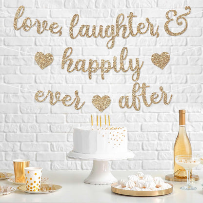 Pre-Strung Love Laughter & Happily Ever After Banner - Gold Bridal Banner | No DIY - Pre-Strung on 8 ft Strands - Gold Glitter Wedding, Bachelorette, or Bridal Party Decorations & Decor