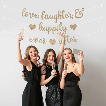Pre-Strung Love Laughter & Happily Ever After Banner - Gold Bridal Banner | No DIY - Pre-Strung on 8 ft Strands - Gold Glitter Wedding, Bachelorette, or Bridal Party Decorations & Decor