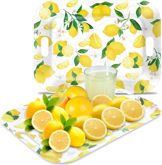2Pcs Lemon Serving Trays with Handles 16 x 11 Inch Large Melamine Tray Rectangular Yellow Lemon Serving Platter Spring Tray Melamine Dishes for Serving Food Outdoor Dinner Dessert Plates Party