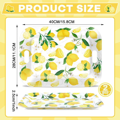 2Pcs Lemon Serving Trays with Handles 16 x 11 Inch Large Melamine Tray Rectangular Yellow Lemon Serving Platter Spring Tray Melamine Dishes for Serving Food Outdoor Dinner Dessert Plates Party
