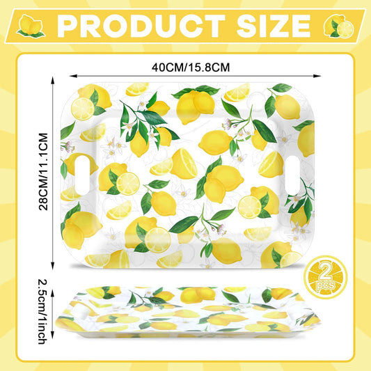 2Pcs Lemon Serving Trays with Handles 16 x 11 Inch Large Melamine Tray Rectangular Yellow Lemon Serving Platter Spring Tray Melamine Dishes for Serving Food Outdoor Dinner Dessert Plates Party