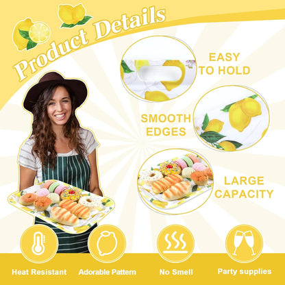2Pcs Lemon Serving Trays with Handles 16 x 11 Inch Large Melamine Tray Rectangular Yellow Lemon Serving Platter Spring Tray Melamine Dishes for Serving Food Outdoor Dinner Dessert Plates Party