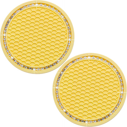 2PCS Bling Cup Holder Coaster, 2.75 Inch Auto Car Cup Holder Insert Coasters, Soft Silicone Anti-Slip Shockproof, Universal Vehicle Interior Accessories for Women Girls (Yellow & White)