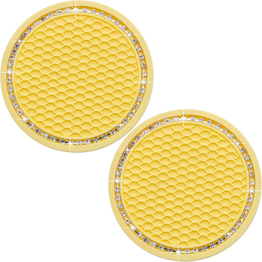 2PCS Bling Cup Holder Coaster, 2.75 Inch Auto Car Cup Holder Insert Coasters, Soft Silicone Anti-Slip Shockproof, Universal Vehicle Interior Accessories for Women Girls (Yellow & White)