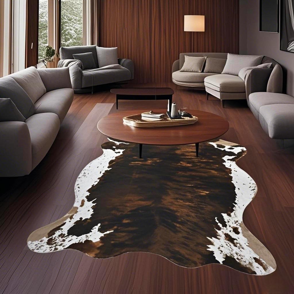 Cow Print Rug - 3.6x2.5 Feet Cow Hide Rugs Faux Cowhide Rug Cute Area Rug Fun Western Room Decor Cow Rugs for Living Room Bedroom Non-Slip Yellow-Brown(43 inches x 29 inches)