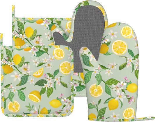Lemon Oven Mitts Pot Holders Set Silicone Lemon Paper Yellow Citrus Fruit Lemons Kitchen Gloves Potholders Non-Slip Heat Resistant for Chef Baking Cooking Grilling BBQ 4 pcs Kitchen Mitts