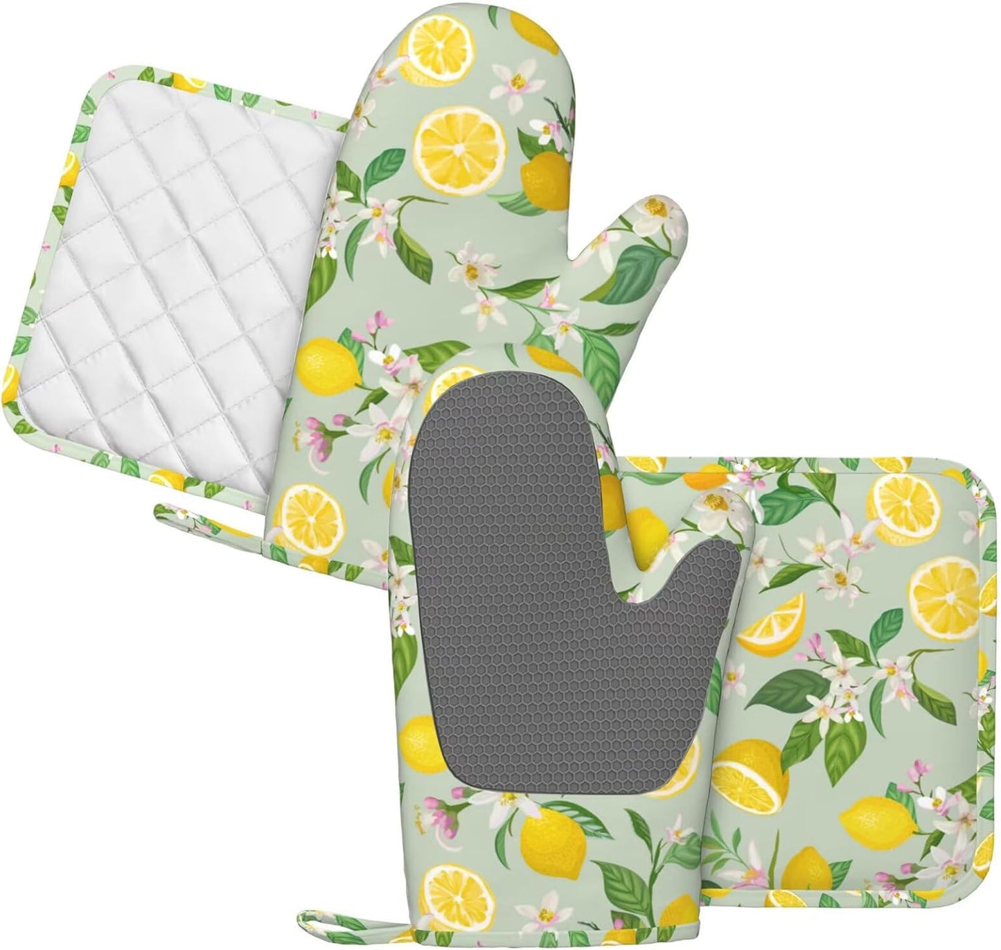 Lemon Oven Mitts Pot Holders Set Silicone Lemon Paper Yellow Citrus Fruit Lemons Kitchen Gloves Potholders Non-Slip Heat Resistant for Chef Baking Cooking Grilling BBQ 4 pcs Kitchen Mitts