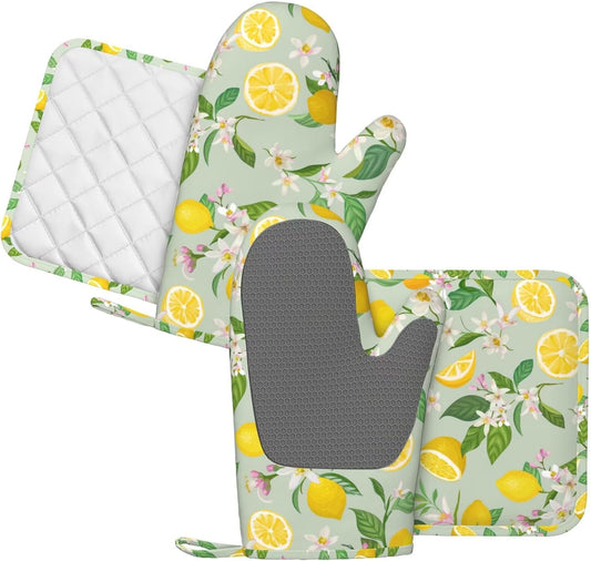 Lemon Oven Mitts Pot Holders Set Silicone Lemon Paper Yellow Citrus Fruit Lemons Kitchen Gloves Potholders Non-Slip Heat Resistant for Chef Baking Cooking Grilling BBQ 4 pcs Kitchen Mitts