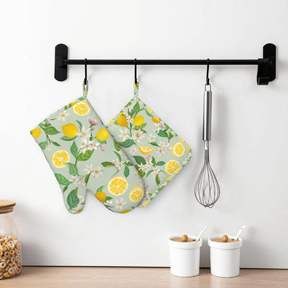 Lemon Oven Mitts Pot Holders Set Silicone Lemon Paper Yellow Citrus Fruit Lemons Kitchen Gloves Potholders Non-Slip Heat Resistant for Chef Baking Cooking Grilling BBQ 4 pcs Kitchen Mitts