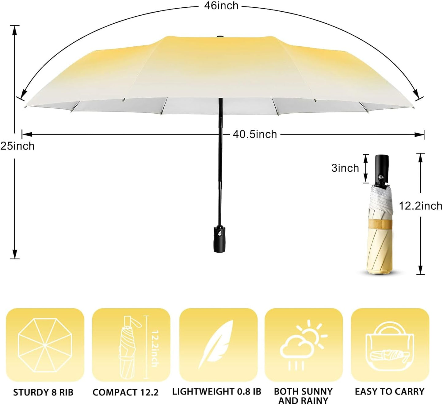 Cute UV Umbrella Women Auto Open Close Gradient Compact Travel Sun Rain | 46 inch canopy, 12.2 inch folded gradient colors, cute UV umbrella automatic open close compact rain sun purse daily gifts