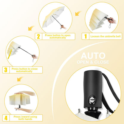 Cute UV Umbrella Women Auto Open Close Gradient Compact Travel Sun Rain | 46 inch canopy, 12.2 inch folded gradient colors, cute UV umbrella automatic open close compact rain sun purse daily gifts