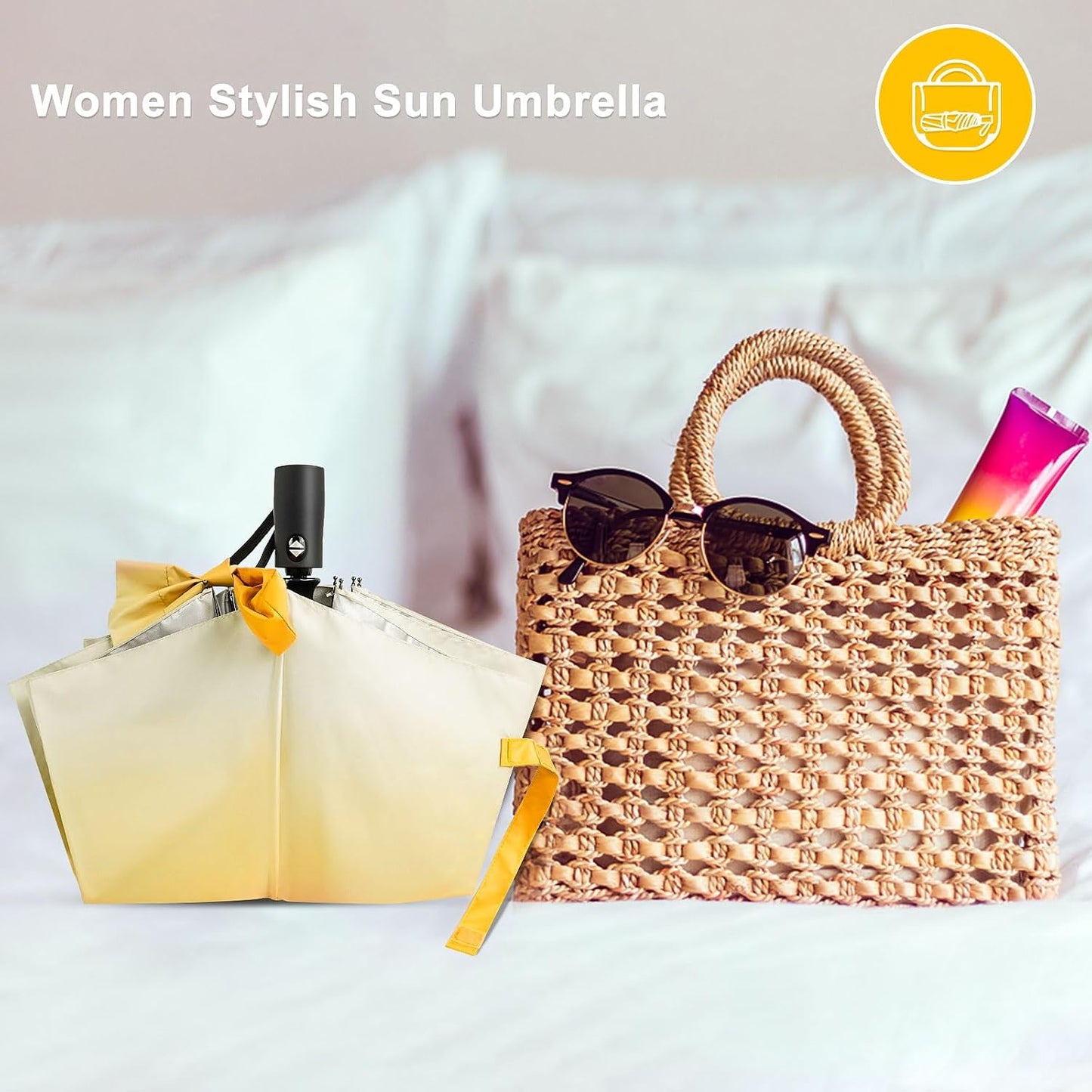 Cute UV Umbrella Women Auto Open Close Gradient Compact Travel Sun Rain | 46 inch canopy, 12.2 inch folded gradient colors, cute UV umbrella automatic open close compact rain sun purse daily gifts