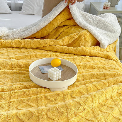 Faux Fur Throw Blanket,Jacquard Thick Blanket,Double-Sided Fluff Plush Warm Blanket for Couch Bed Sofa Office Travel Cozy Winter Thickened Blanket Yellow 27.6 x 39.4 inch