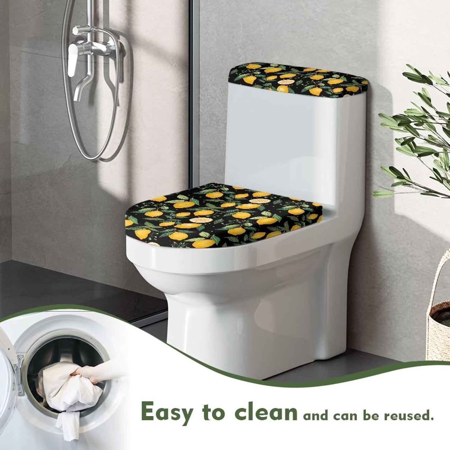 Lemon Toilet Seat Covers for Bathroom Polyester Fabric Toilet Lid Cover and Toilet Tank Cover Polyester Fabric Suitable for Home School Hotel Dormitory Apartment