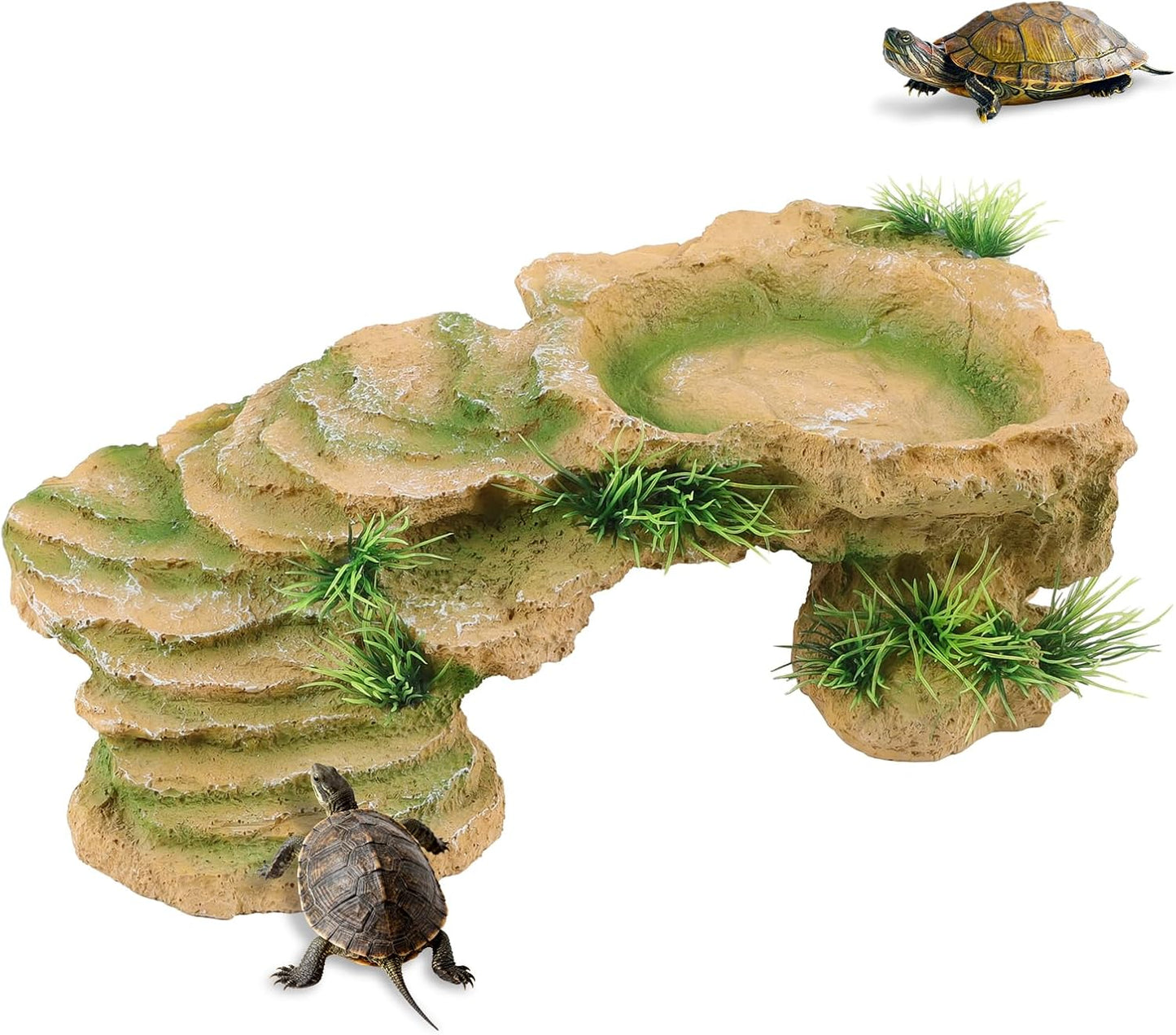 Turtle Docks for Basking Reptile Rock Cave Hideout | 2 In 1 Basking Platform And Hide Cave With Fake Grass On 4 Sides Wide Textured Ramp Durable Resin Light Brown Yellow