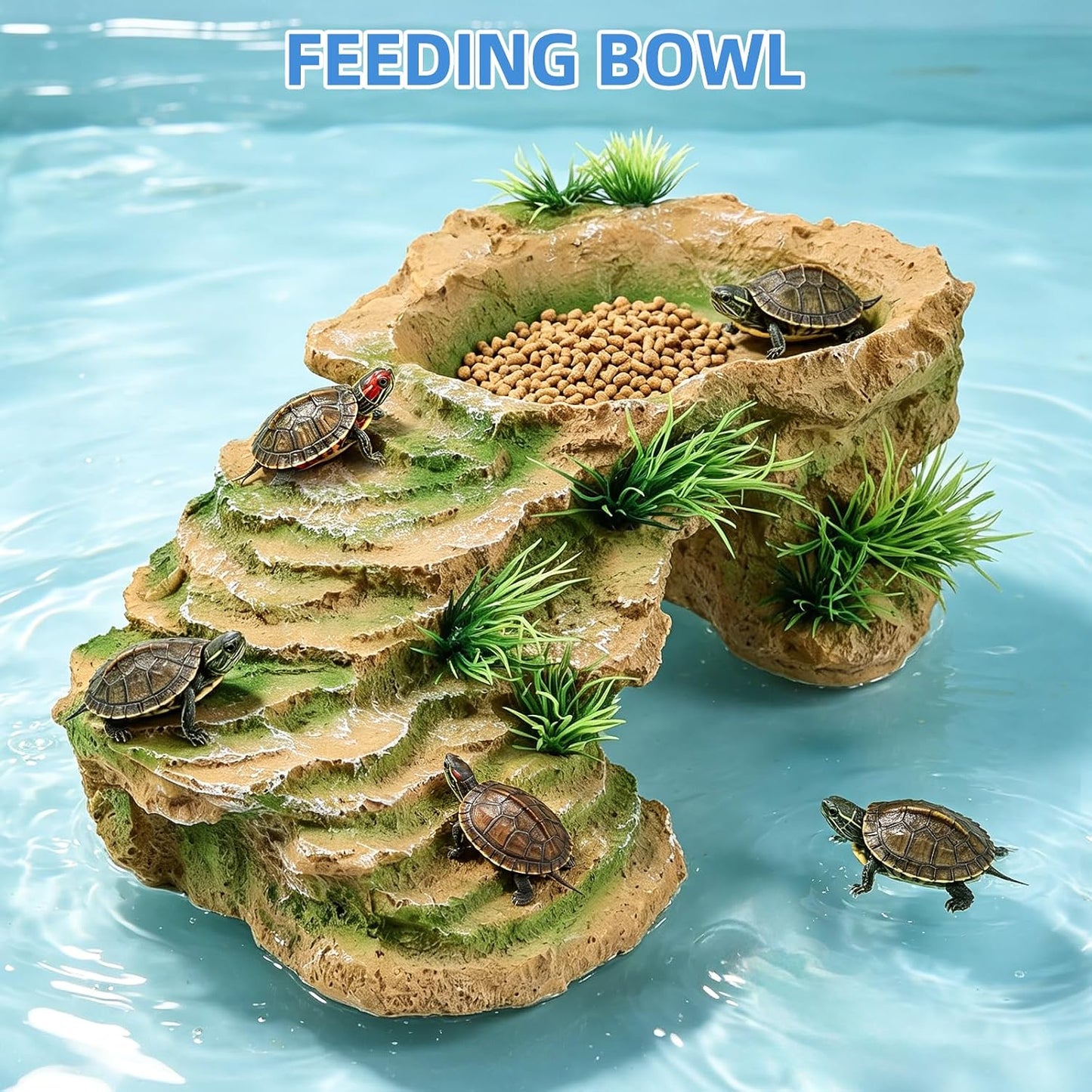Turtle Docks for Basking Reptile Rock Cave Hideout | 2 In 1 Basking Platform And Hide Cave With Fake Grass On 4 Sides Wide Textured Ramp Durable Resin Light Brown Yellow
