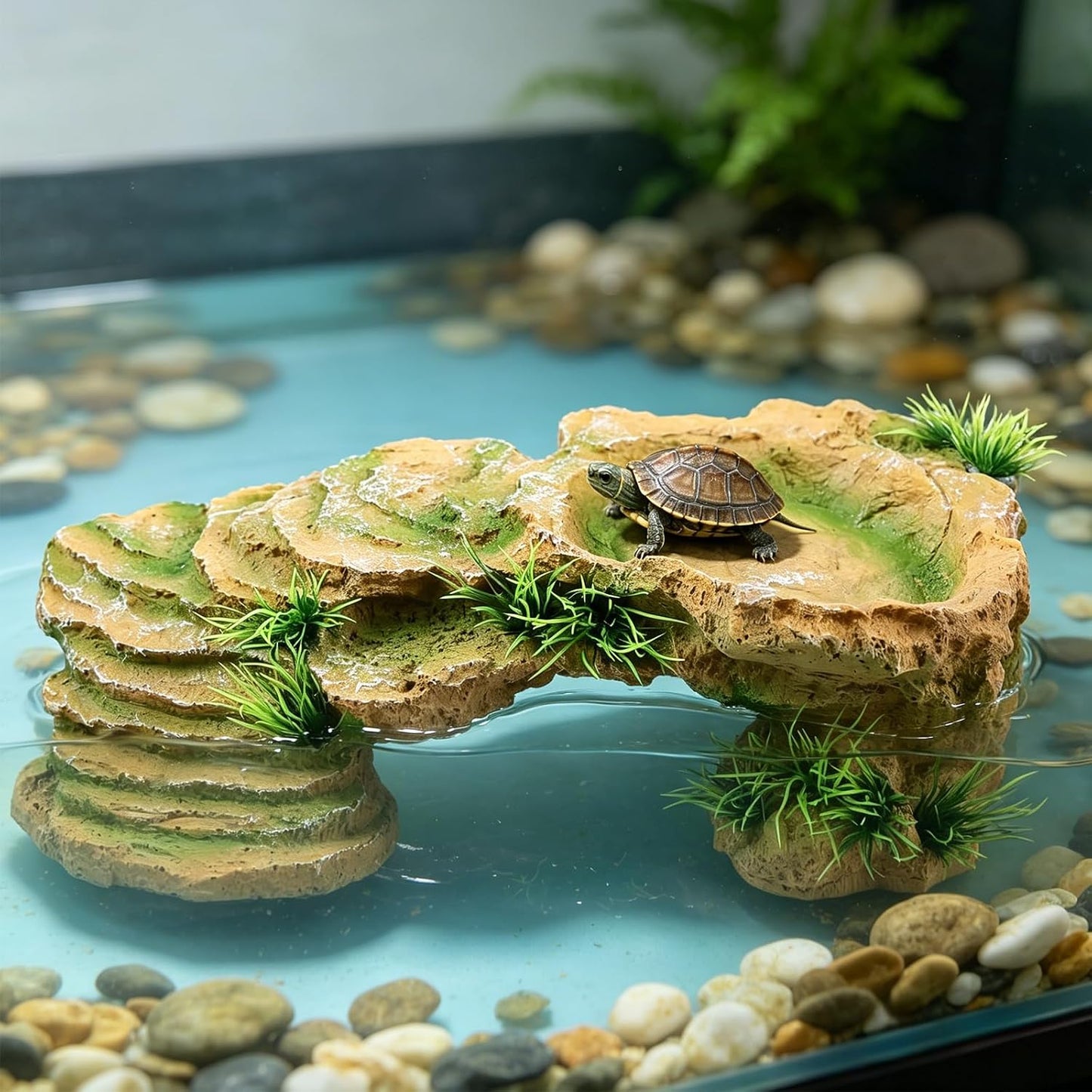 Turtle Docks for Basking Reptile Rock Cave Hideout | 2 In 1 Basking Platform And Hide Cave With Fake Grass On 4 Sides Wide Textured Ramp Durable Resin Light Brown Yellow