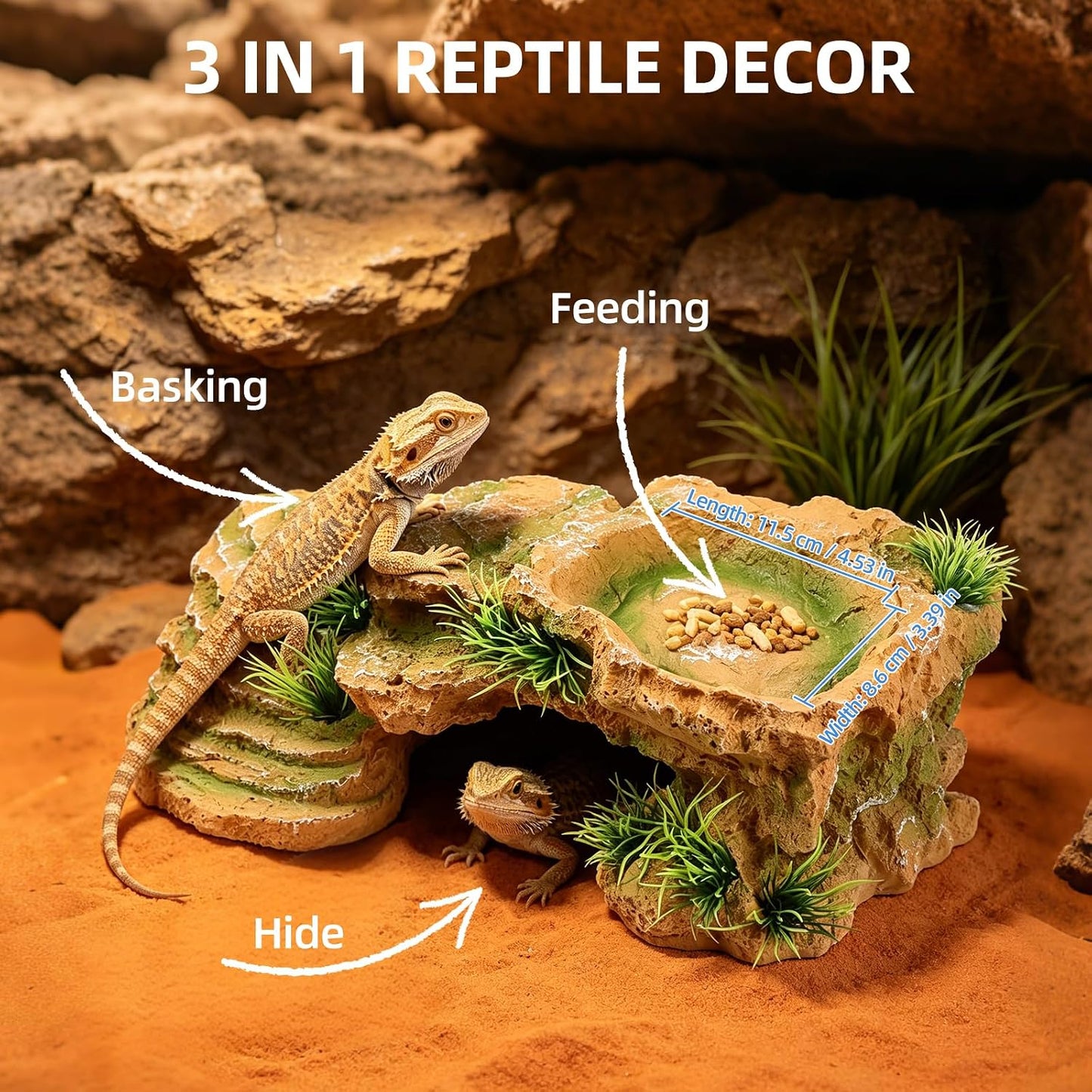 Turtle Docks for Basking Reptile Rock Cave Hideout | 2 In 1 Basking Platform And Hide Cave With Fake Grass On 4 Sides Wide Textured Ramp Durable Resin Light Brown Yellow