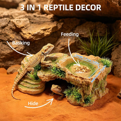 Turtle Docks for Basking Reptile Rock Cave Hideout | 2 In 1 Basking Platform And Hide Cave With Fake Grass On 4 Sides Wide Textured Ramp Durable Resin Light Brown Yellow