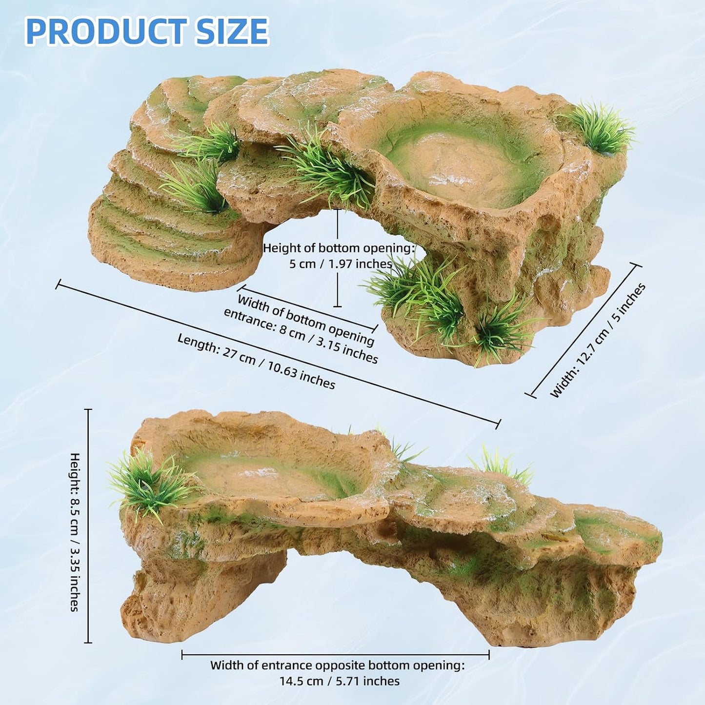 Turtle Docks for Basking Reptile Rock Cave Hideout | 2 In 1 Basking Platform And Hide Cave With Fake Grass On 4 Sides Wide Textured Ramp Durable Resin Light Brown Yellow