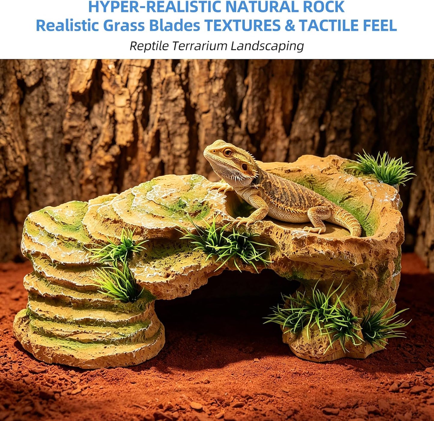 Turtle Docks for Basking Reptile Rock Cave Hideout | 2 In 1 Basking Platform And Hide Cave With Fake Grass On 4 Sides Wide Textured Ramp Durable Resin Light Brown Yellow