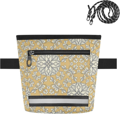 Flowers Leaves Yellow Dog Treat Pouch for Pet Training Dog Bag Holder | with Magnetic Closure, Water-Resistant, 1.7L Capacity, Hands-Free, Adjustable Shoulder Straps, for Night Walks