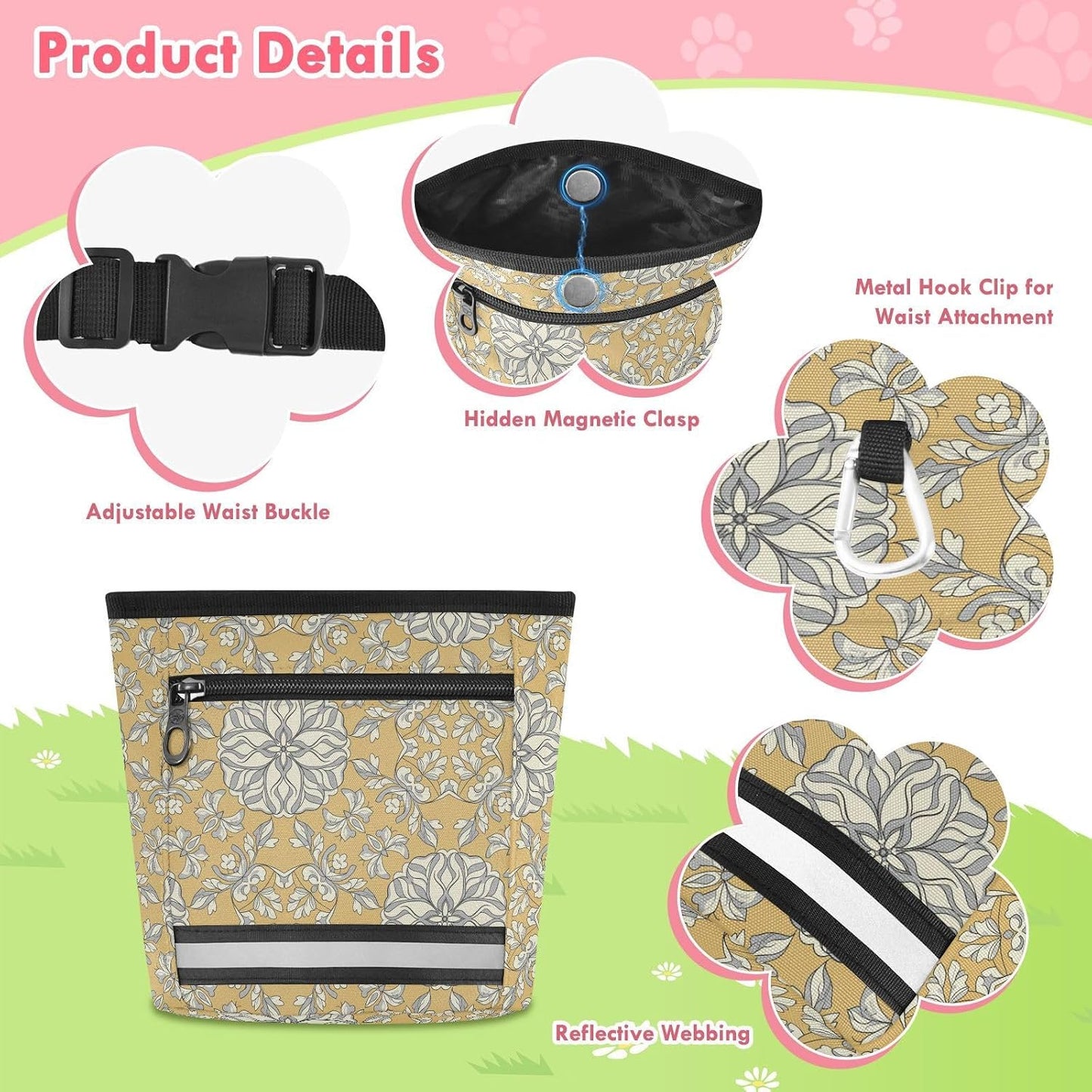Flowers Leaves Yellow Dog Treat Pouch for Pet Training Dog Bag Holder | with Magnetic Closure, Water-Resistant, 1.7L Capacity, Hands-Free, Adjustable Shoulder Straps, for Night Walks