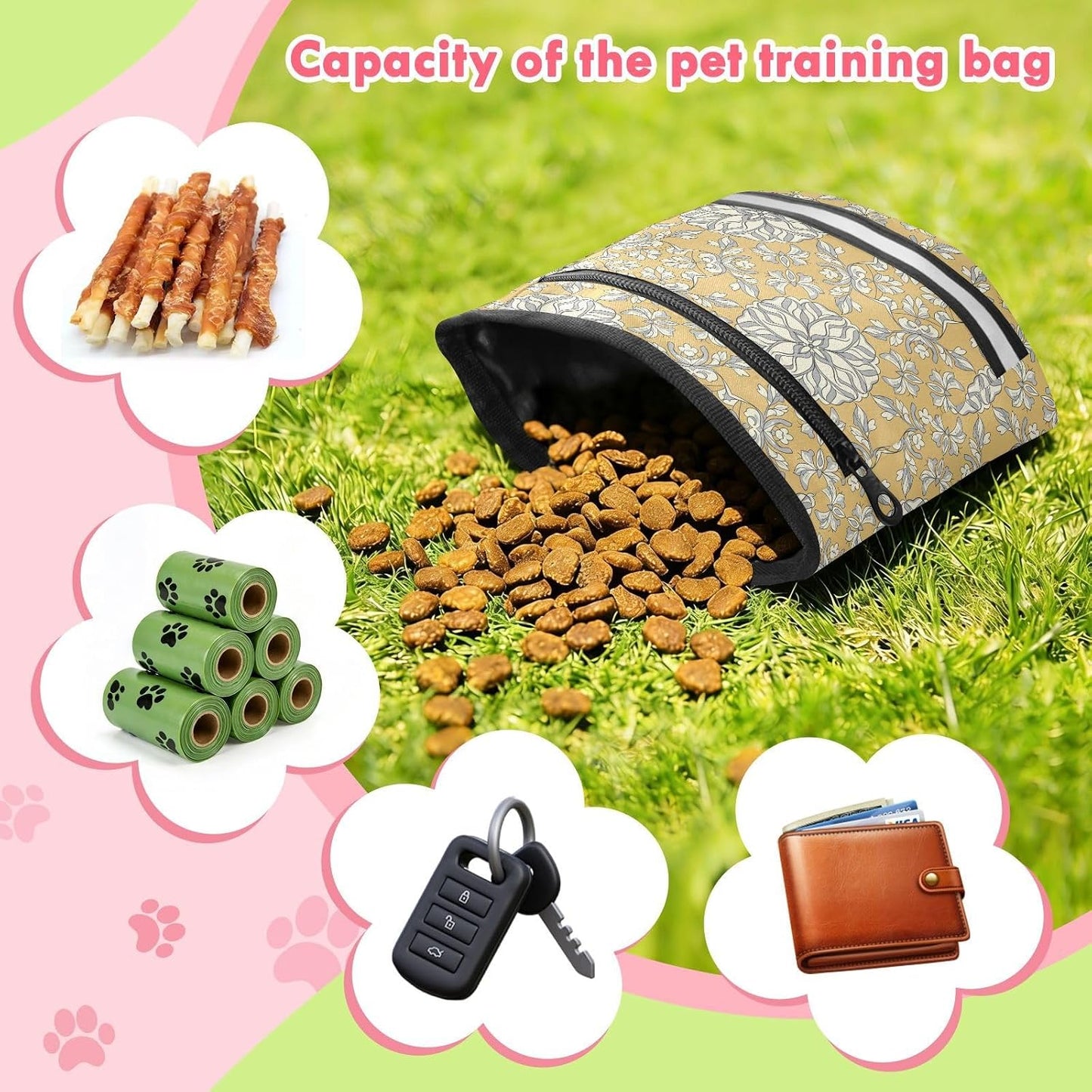 Flowers Leaves Yellow Dog Treat Pouch for Pet Training Dog Bag Holder | with Magnetic Closure, Water-Resistant, 1.7L Capacity, Hands-Free, Adjustable Shoulder Straps, for Night Walks